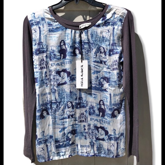 NWT Geisha Jeans Top Sz M Glamour Ladies Pictures Paris Grey Long Sleeve T-Shirt - Picture 1 of 7